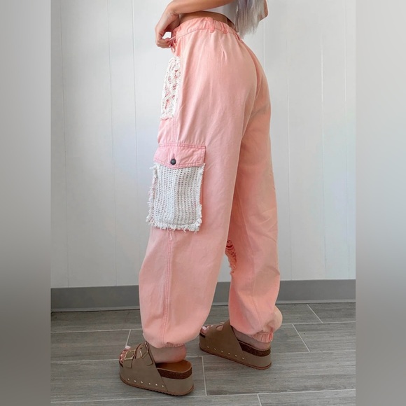 POL Clothing Peach Patchwork Crochet Lace Drawstring Distressed Jogger - Picture 4 of 10